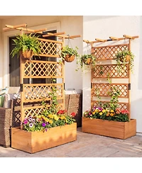 Gymax Wooden Planter Box w/Lattice Trellis Flat Roof Drainage for Climbing Plant
