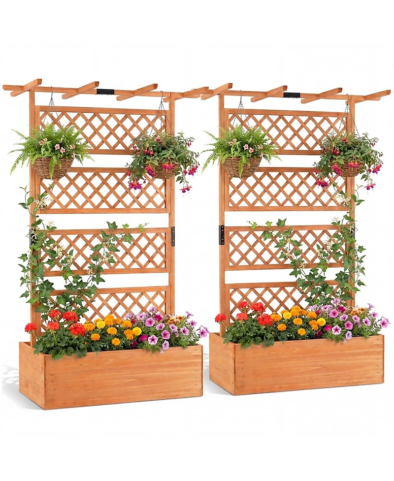 Gymax Wooden Planter Box w/Lattice Trellis Flat Roof Drainage for Climbing Plant