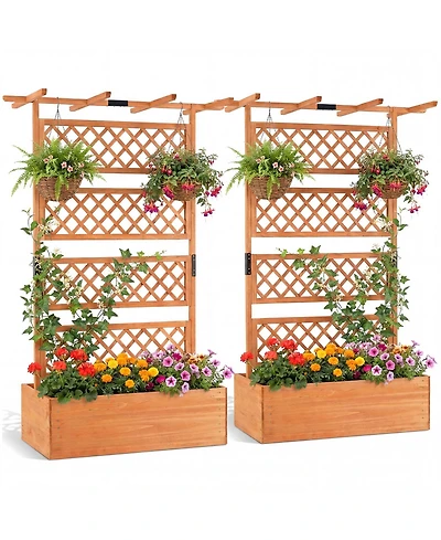 Gymax Wooden Planter Box w/Lattice Trellis Flat Roof Drainage for Climbing Plant