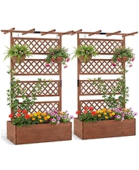 Gymax Wooden Planter Box w/Lattice Trellis Flat Roof Drainage for Climbing Plant