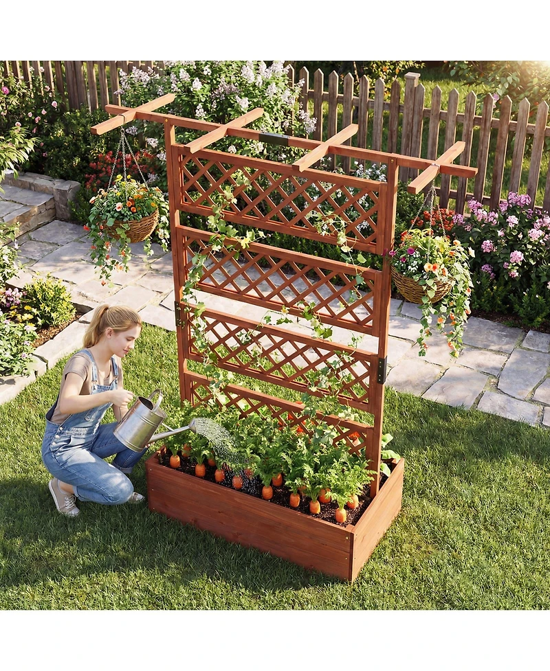Gymax Wooden Planter Box w/Lattice Trellis Flat Roof Drainage for Climbing Plant