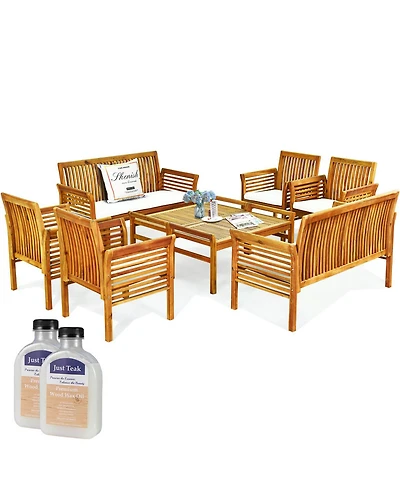 Gymax 8 Piece Outdoor Acacia Wood Sofa Set w/ Teak Wood Oil Water Resistant Cushions