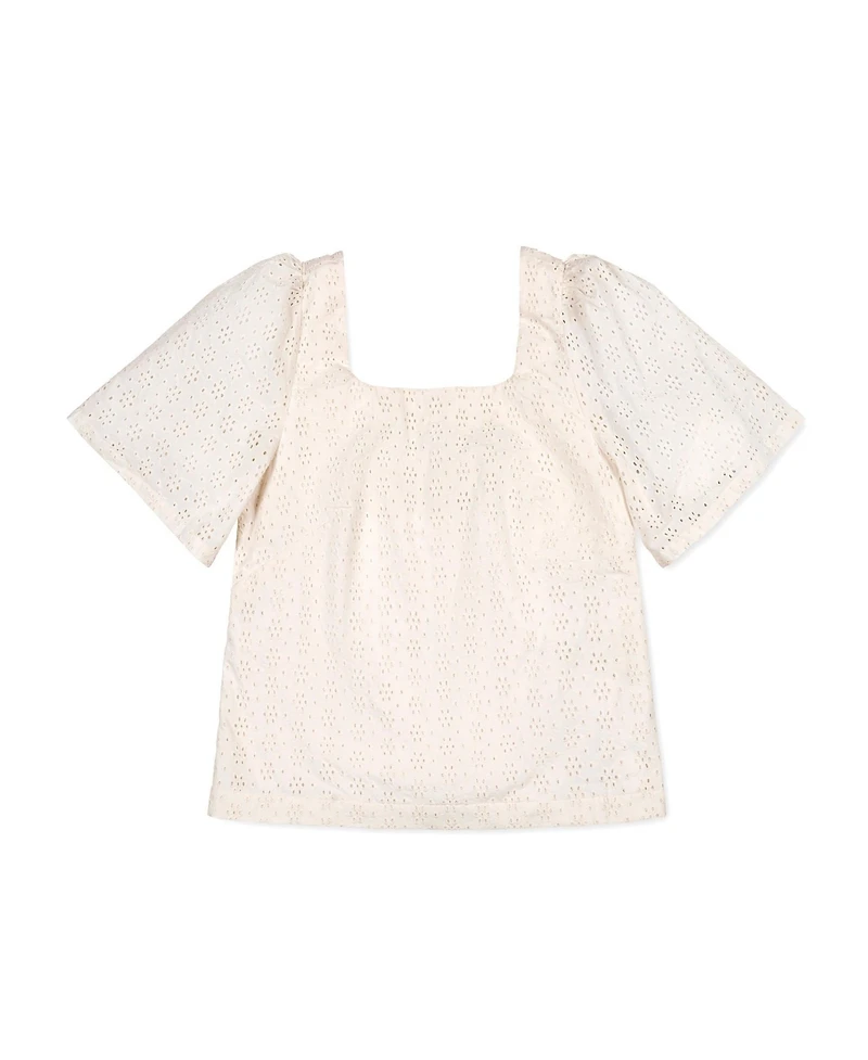 Hope & Henry Women's and Organic Flounce Sleeve Eyelet Top