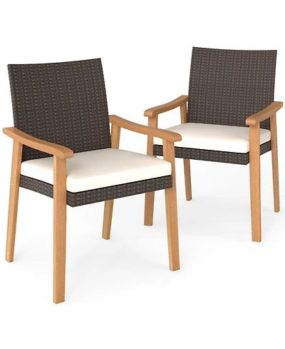 Sugift Pe Rattan Patio Dining Chairs Set of 2 with Acacia Wood Armrests