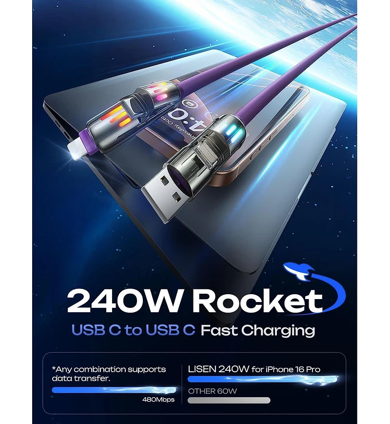 Lisen 2-Pack 240W 4-in-1 Charging Cable, Usb-c and Lightning Multi Charger Cable for All Devices, Fast Charging Cord for Travel, Home and Car