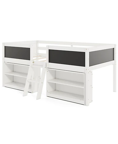 Gouun Twin Size Kids Low Loft Bed with Chalkboard, Ramp Ladder and Bookcases