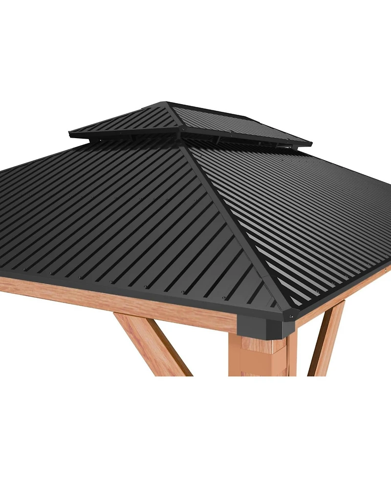 gaomon Hardtop Wood Gazebo 10ft x 12ft for All Weather, Double Metal Roof, Heavy Duty Wooden Frame, Net, and Curtain, Permanent Building for Patio