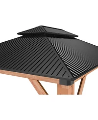 gaomon Hardtop Wood Gazebo 10ft x 12ft for All Weather, Double Metal Roof, Heavy Duty Wooden Frame, Net, and Curtain, Permanent Building for Patio