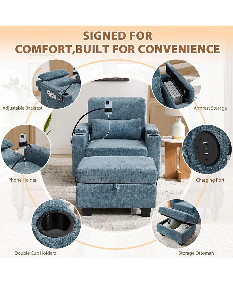 Rainsken Modern Accent Chair Ottoman Set, Multi-Functional Convertible Chaise Sleeper Bed Featuring Usb Charging and Phone Holder for Living Room