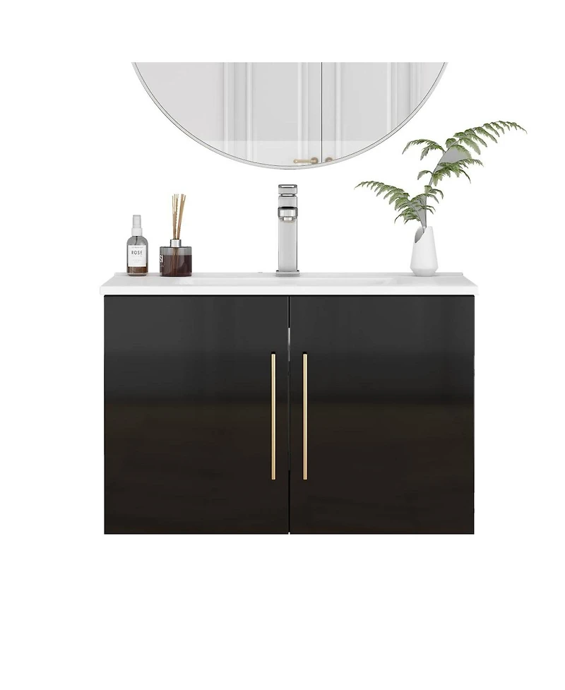 Sillysis Wall Mounted Bathroom Vanity with Sink, Double Doors, Soft Close Hinges, Modern Glossy Cabinet for Small Spaces
