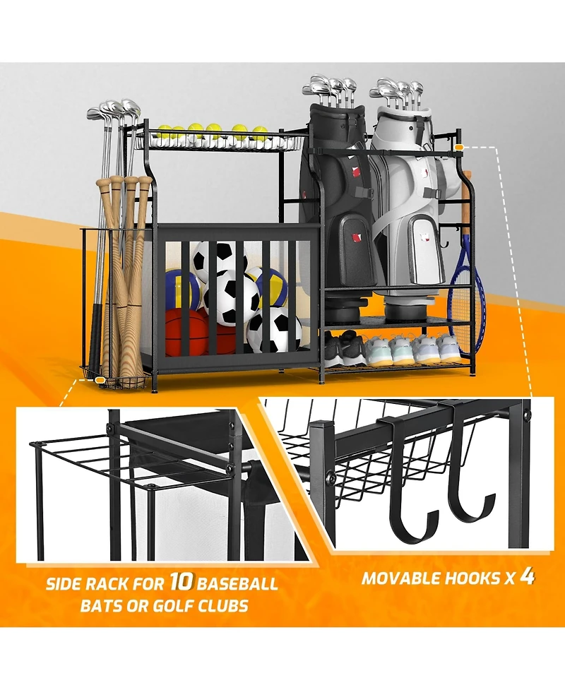 Mythinglogic Golf Bag Organizer Rack with Ball Storage, Shelf and Hooks for Garage Sports Gear