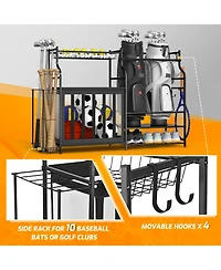 Mythinglogic Golf Bag Organizer Rack with Ball Storage, Shelf and Hooks for Garage Sports Gear