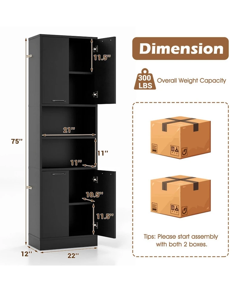 Gouun in Tall Kitchen Pantry Cabinet with Double Doors, Adjustable Shelves and 300 lbs Capacity