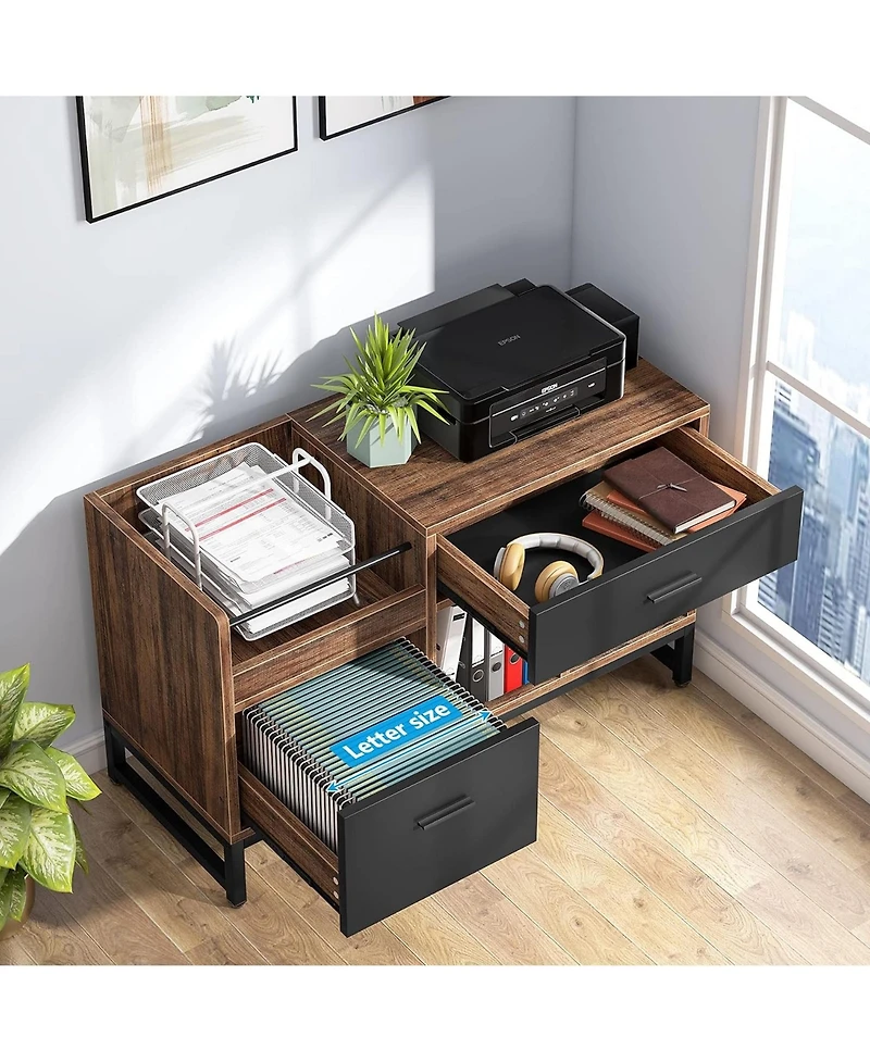 Rainsken Lateral Filing Cabinet, Wood Printer Stand with 2 Drawers and Open Storage Shelves for Home Office Organization