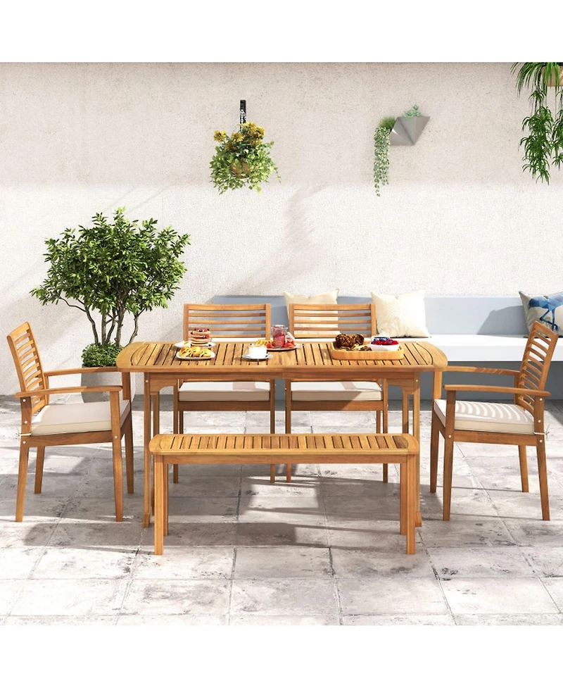 Gouun Set of 2 Acacia Wood Outdoor Patio Dining Chairs with Slatted Backrest and Padded Cushions