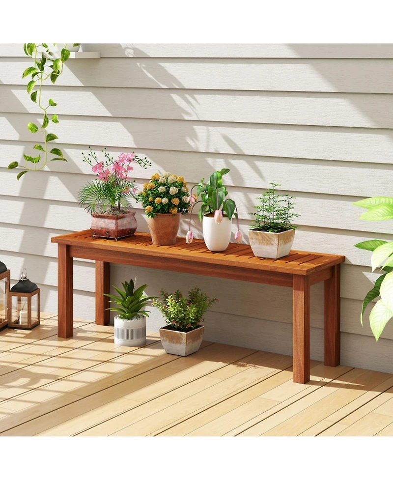 Gouun Outdoor Wood Backless Garden Bench for 2 with Slatted Seat, Plant Stand and Entryway