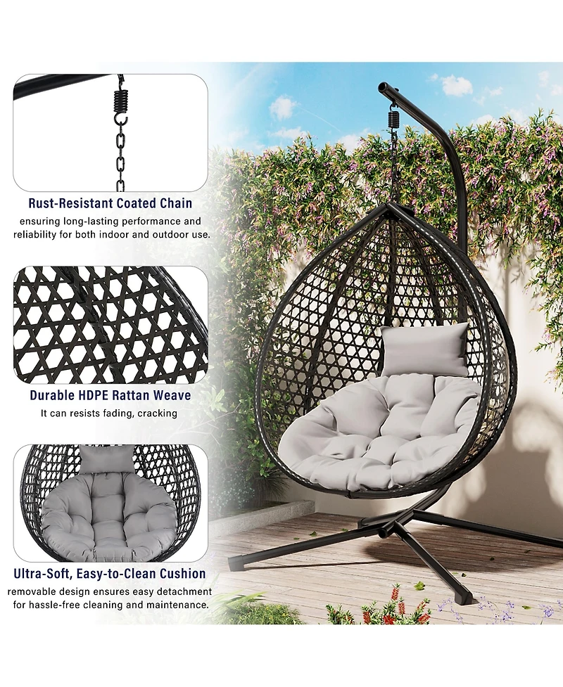 Rainsken Egg Hanging Chair, Foldable Pe Rattan Hammock Swing Chair with Soft Removable Cushion, 330 lbs Capacity for Balcony and Garden