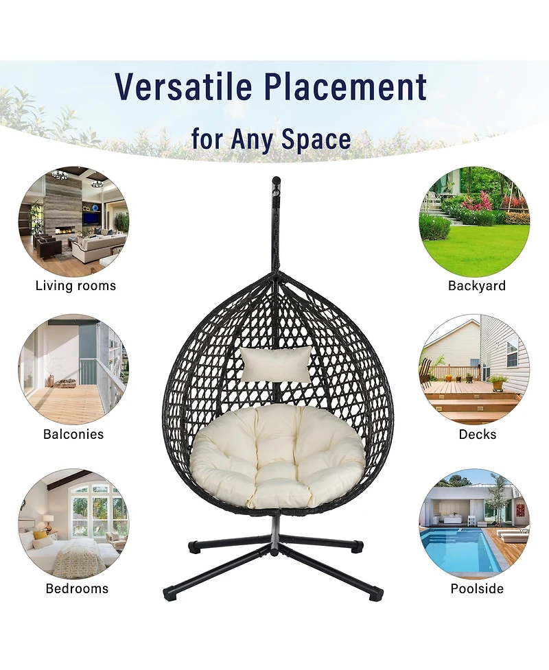 Rainsken Egg Hanging Chair, Foldable Pe Rattan Hammock Swing Chair with Soft Removable Cushion, 330 lbs Capacity for Balcony and Garden