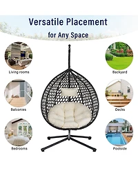 Rainsken Egg Hanging Chair, Foldable Pe Rattan Hammock Swing Chair with Soft Removable Cushion, 330 lbs Capacity for Balcony and Garden