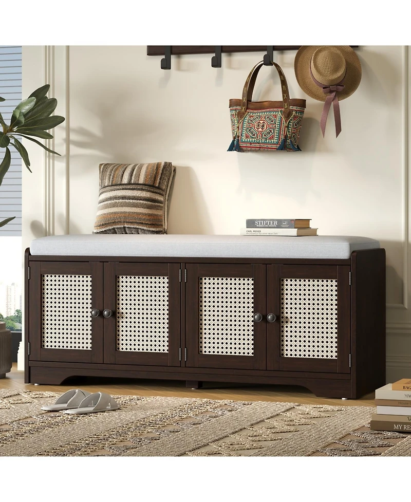Streamdale Furniture Rustic Storage Bench with Cushion and Rattan Doors (Brown+Beige