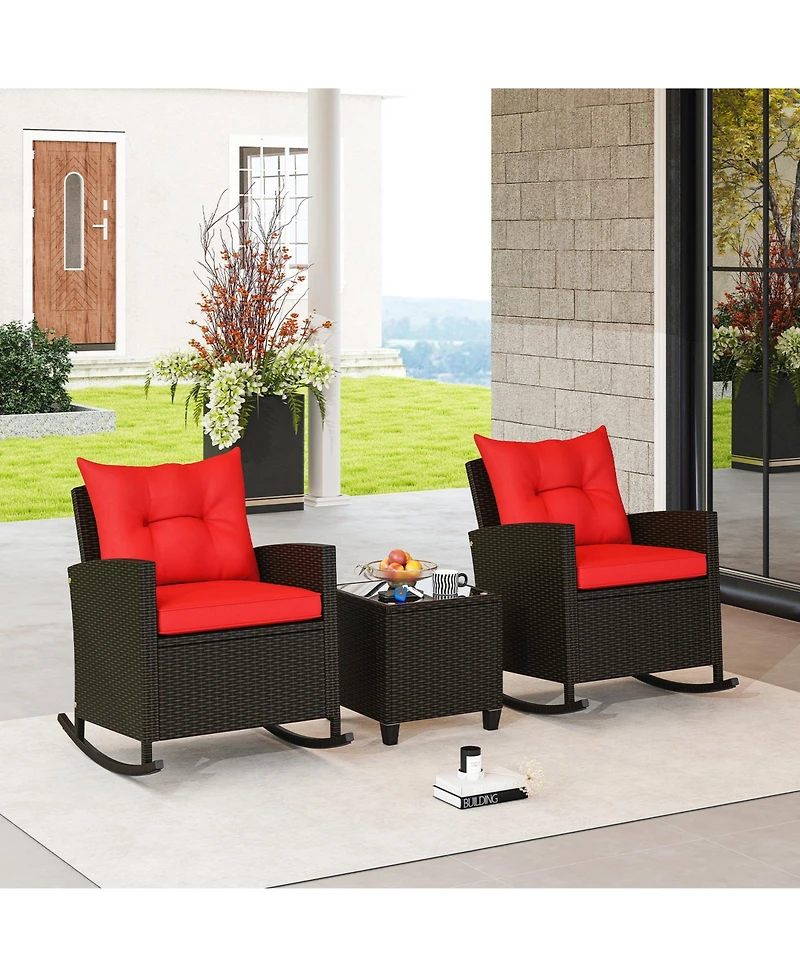 Gymax Set of 3 Wicker Rocking Set w/ Tempered Glass Table Patio Outdoor