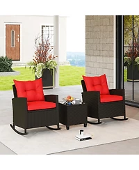 Gymax Set of 3 Wicker Rocking Set w/ Tempered Glass Table Patio Outdoor