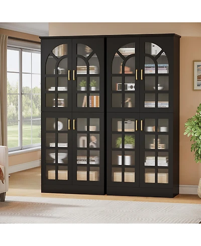 Tribesigns 8-Tier Bookshelf with Doors and Led Lights Set of 2, 68.9" Tall Bookcase with Adjustable Shelves, Modern Wooden Display Cabinet