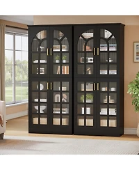 Tribesigns 8-Tier Bookshelf with Doors and Led Lights Set of 2, 68.9" Tall Bookcase with Adjustable Shelves, Modern Wooden Display Cabinet
