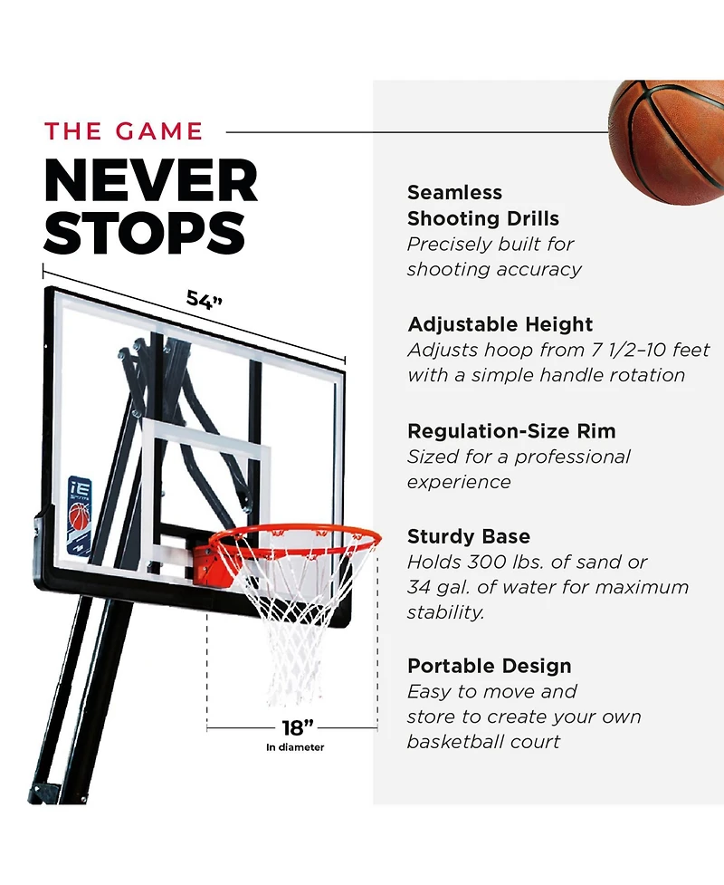 Ie Sports Portable Basketball Hoop, Adjustable Height, 54" Backboard and Rebounder