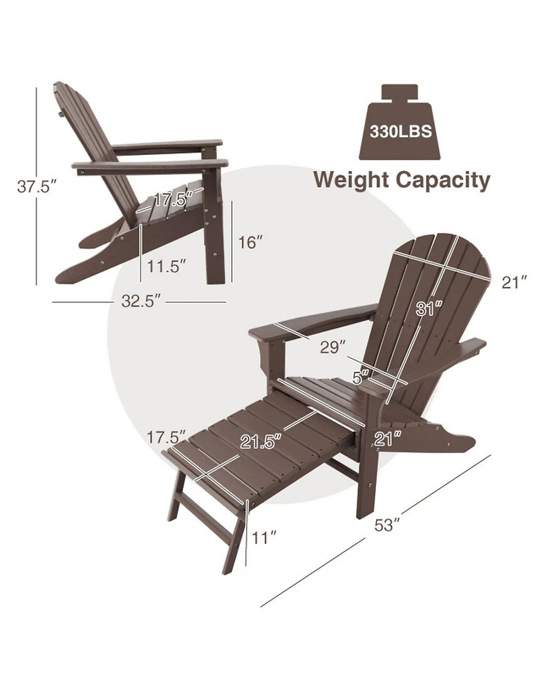 Gouun Outdoor Hdpe Adirondack Chair with Retractable Pull-Out Ottoman, in Seat
