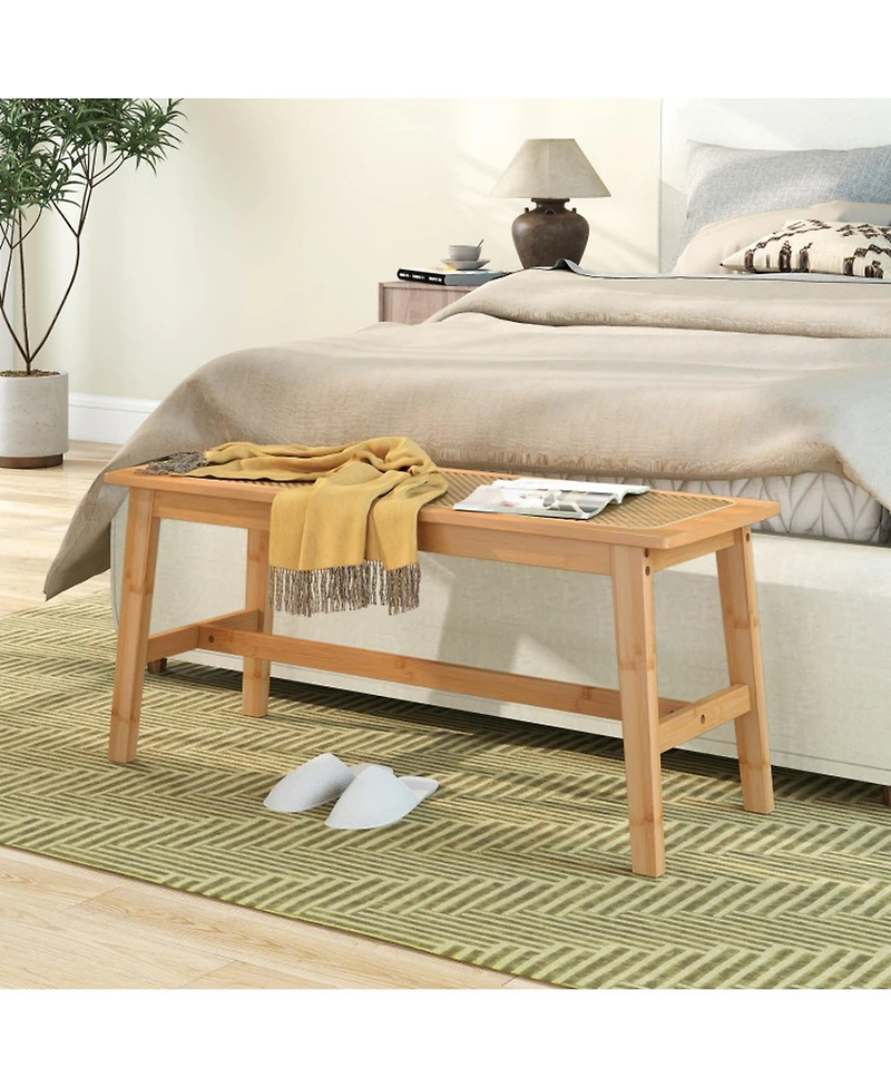 Gouun Bamboo Dining Bench with Woven Rattan Seat 660 lbs Capacity