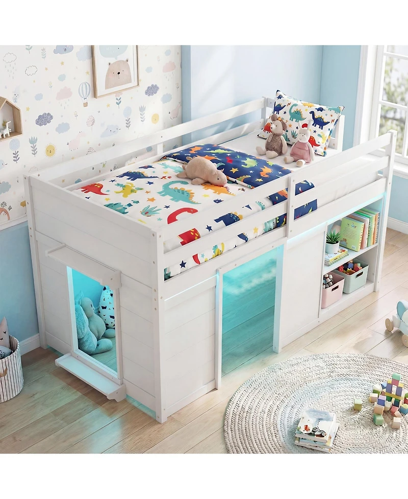 Slickblue Kids Wooden Low Loft Bed with Led Lighting and Dual Doors Storage Design