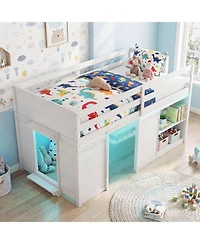 Slickblue Kids Wooden Low Loft Bed with Led Lighting and Dual Doors Storage Design