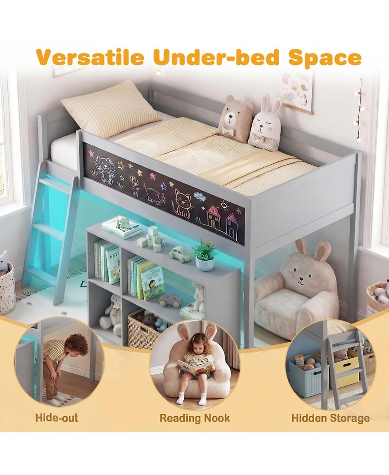 Slickblue Wooden Kids Loft Bed with Led Lighting and Detachable Bookcase Organizer