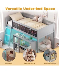 Slickblue Wooden Kids Loft Bed with Led Lighting and Detachable Bookcase Organizer