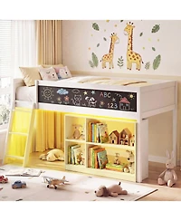 Slickblue Wooden Kids Loft Bed with Led Lighting and Detachable Bookcase Organizer
