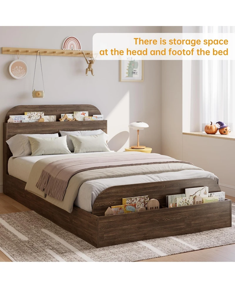Homfan Wooden Beds with Storage Headboard and Raised-Foodboard, Twin-Floor Low Platform Bed for Bedroom