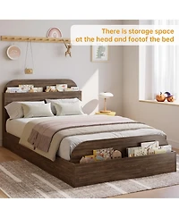 Homfan Wooden Beds with Storage Headboard and Raised-Foodboard, Twin-Floor Low Platform Bed for Bedroom