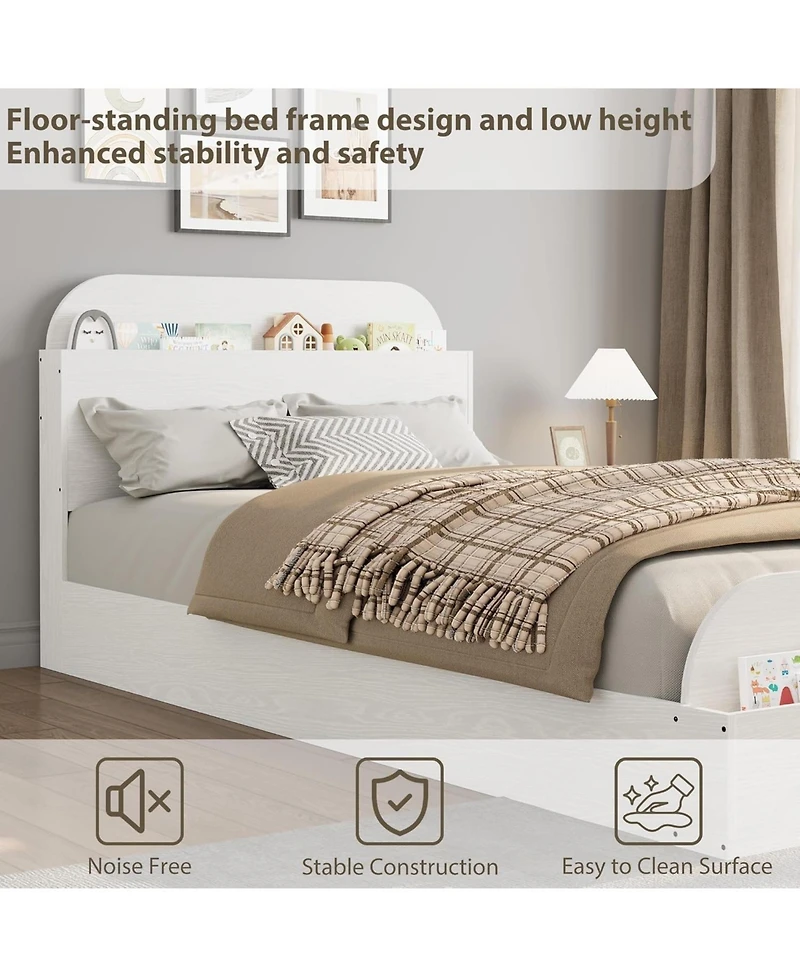 Homfan Wooden Beds with Storage Headboard and Raised-Foodboard, Twin-Floor Low Platform Bed for Bedroom