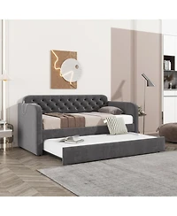 Rainsken Daybed with Trundle,Velvet Upholstered Day Bed with Usb Charging Design, No Box Spring Needed for Bedroom, Living Room