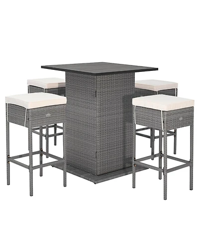 Gymax 5PCS Wicker Bar Table Set Hidden Storage Shelves Bar Table Stools Patio
