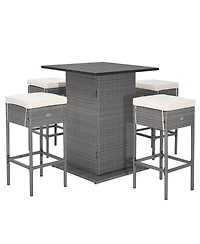 Gymax 5PCS Wicker Bar Table Set Hidden Storage Shelves Bar Table Stools Patio