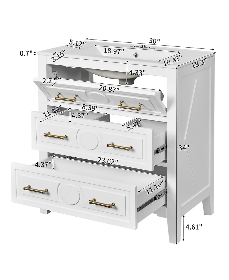 Busdays 30 Inch Bathroom Vanity with Ceramic Sink Freestanding Single Vanity 3 Drawers Solid Wood Frame Storage Cabinet