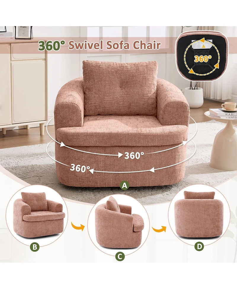Rainsken 360degree(s) Swivel Barrel Accent Chair, Chenille Fabric Sofa Chair with Dual-Layer Cushion, 36.6" Round Swivel Chair for Living Room