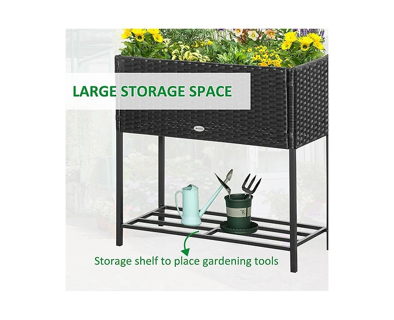 Pe Rattan Outdoor Raised Flower Garden Planter Bed w/ Shelf