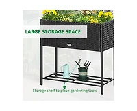 Pe Rattan Outdoor Raised Flower Garden Planter Bed w/ Shelf