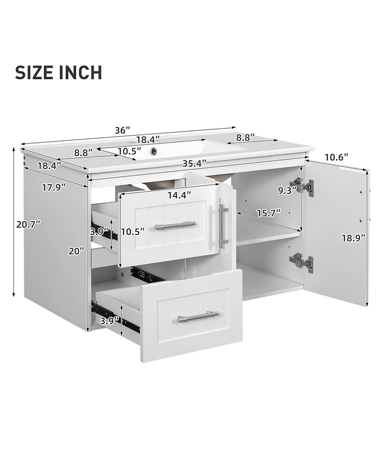 Sillysis 36 Inch Wall Mounted Bathroom Vanity with Ceramic Sink, Soft Close Drawers and Adjustable Shelf for Modern Small Spaces