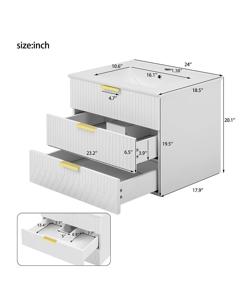 Sillysis Bathroom Vanity with Side Storage Cabinet, Wall Mounted Ceramic Sink and Soft Close Drawers for Small Spaces-Sillysis