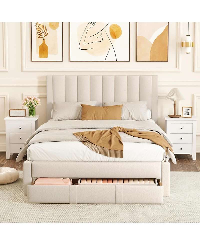 Slickblue Upholstered Bed Frame with Storage Drawer and Vertical Channel Tufted Headboard