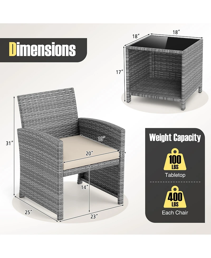 Sugift 3-Piece Patio Furniture Set with Tempered Glass Coffee Table and Soft Seat Cushions